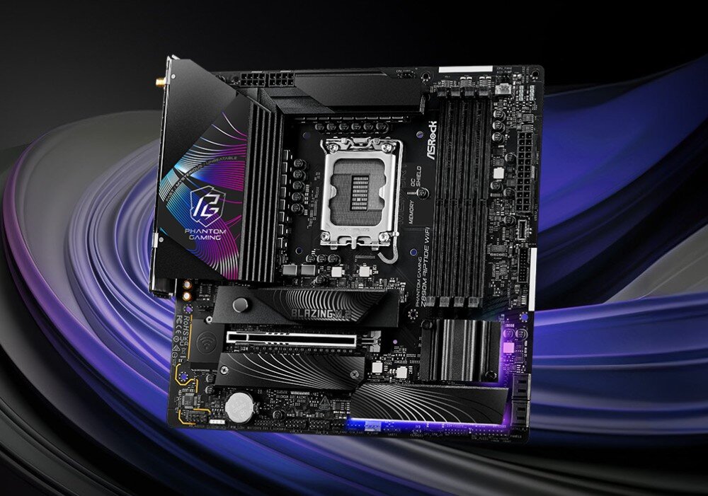 Płyta główna ASROCK Z890M Riptide Wifi Płyta główna zaprezentowana na tle abstrakcyjnych fioletowych i niebieskich fal