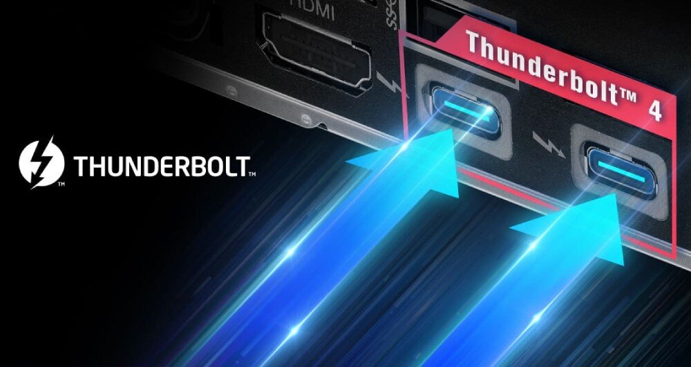 Płyta główna ASROCK Z890M Riptide Wifi Zbliżenie na tylny panel płyty głównej ukazujące dwa porty USB-C z oznaczeniem Thunderbolt 4 i niebieskimi strzałkami