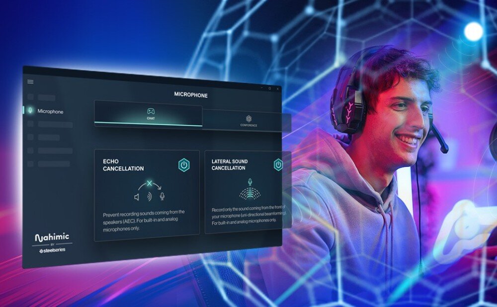 Płyta główna ASROCK Z890M Riptide Wifi Interfejs oprogramowania audio z ustawieniami mikrofonu obok uśmiechniętego gracza w słuchawkach