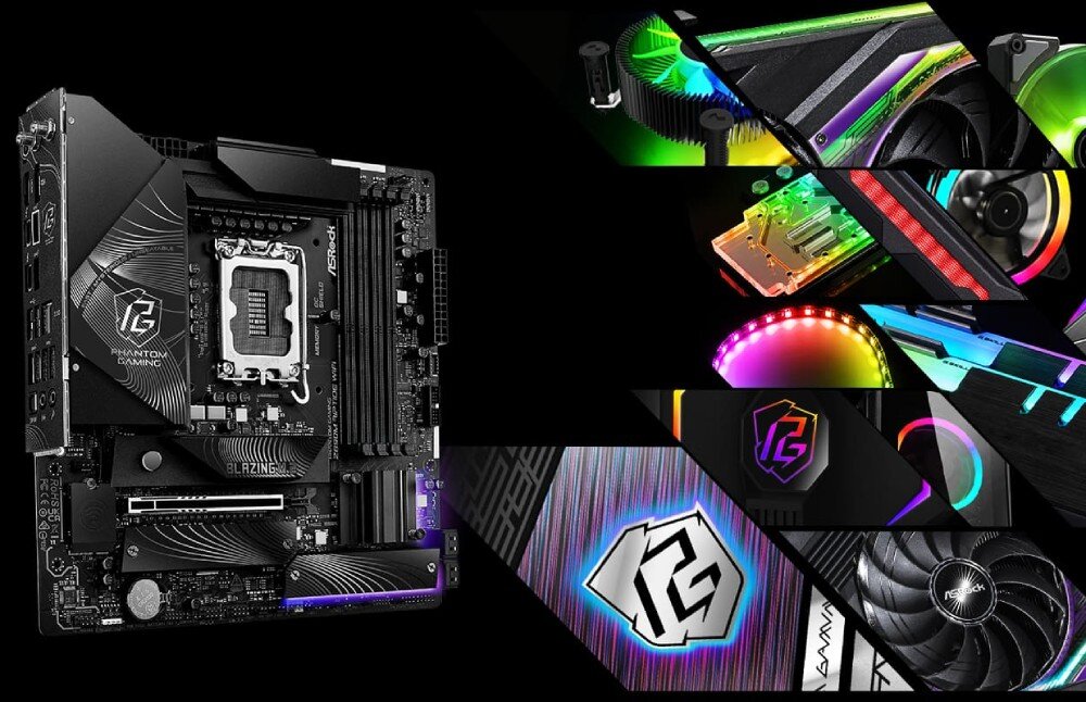 Płyta główna ASROCK Z890M Riptide Wifi Kolaż podświetlonych komponentów komputerowych oraz logo serii gamingowej na czarnym tle