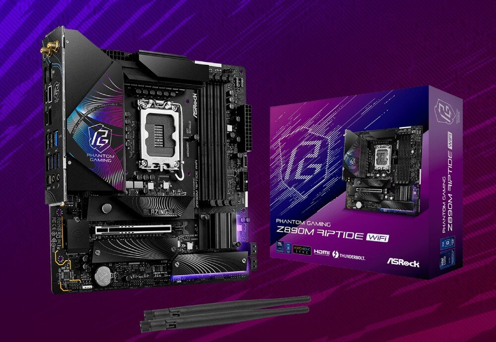 Płyta główna ASROCK Z890M Riptide Wifi Zestaw zawierający płytę główną stojącą obok fioletowego pudełka handlowego i dwóch anten Wi-Fi