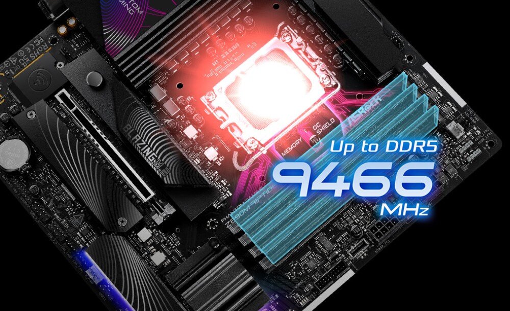 Płyta główna ASROCK Z890M Riptide Wifi Płyta główna z czerwoną poświatą wokół procesora i niebieską grafiką pamięci RAM z napisem o wysokiej częstotliwości taktowania