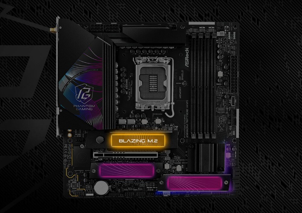 Płyta główna ASROCK Z890M Riptide Wifi Widok płyty głównej z góry z podświetlonymi na pomarańczowo i różowo miejscami montażu dysków M.2