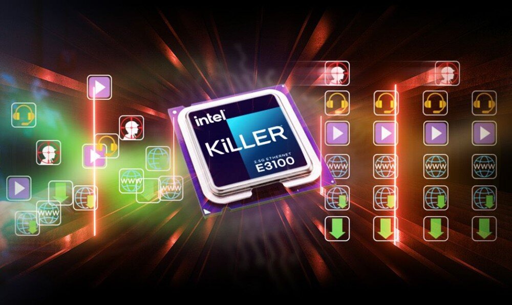 Płyta główna ASROCK Z890M Riptide Wifi Grafika układu sieciowego Intel Killer otoczonego ikonami symbolizującymi priorytetyzację ruchu dla gier i multimediów