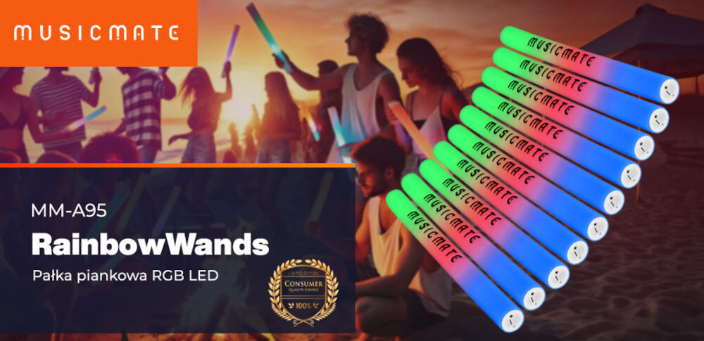 Pałka piankowa MUSICMATE RGB LED MM-A95 RainowWands (10 szt.) rozświetl każdą chwilę 10 świecących się pałek piankowych logo producenta nazwa modelu