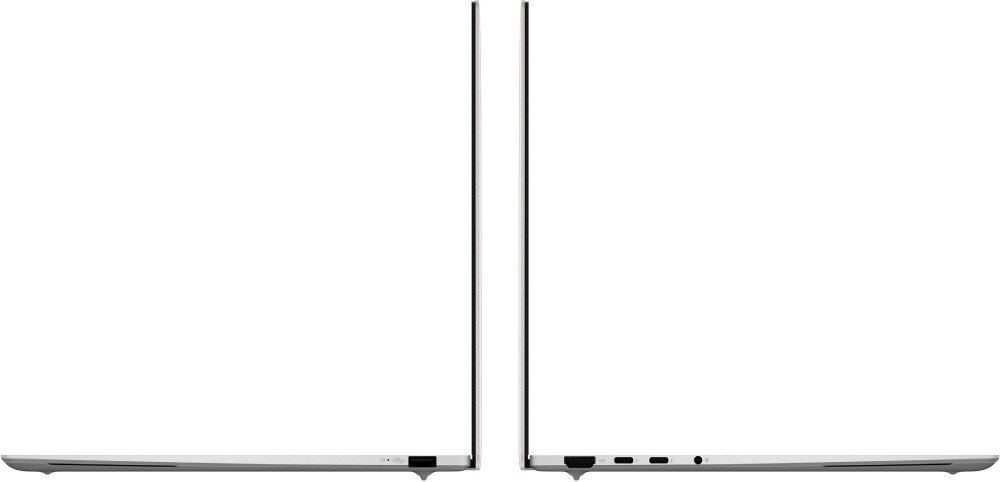 Laptop ASUS ZenBook S 14 UX5406SA-PV030W Dwa laptopy ustawione tyłem do siebie, pokazane z profilu w pozycji otwartej; widoczne porty, gniazda, podłączenie