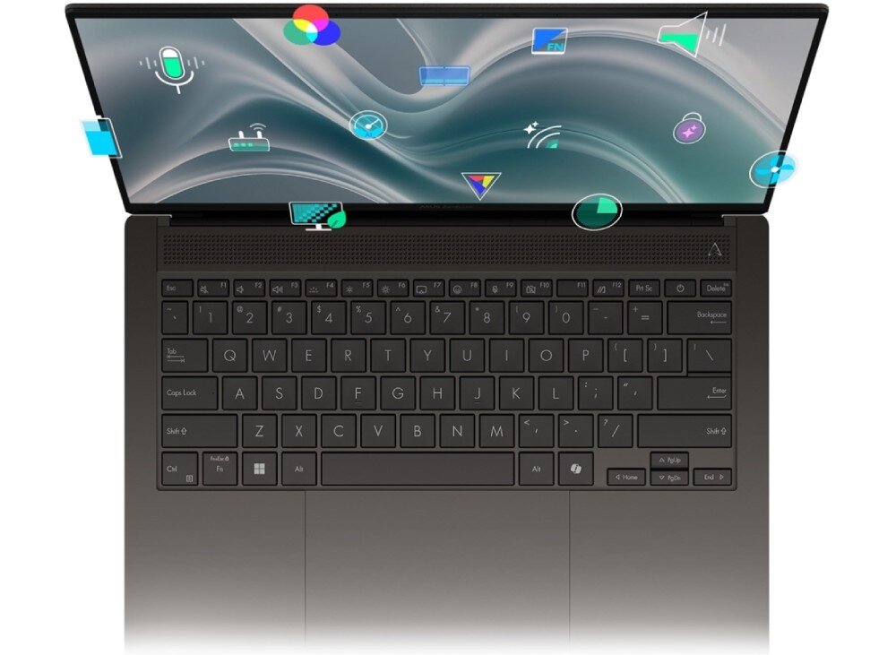 Laptop ASUS ZenBook S 14 UX5406SA-PV030W Widok z góry na otwarty laptop z ciemną klawiaturą; na ekranie unosi się kilka kolorowych ikon symbolizujących funkcje i narzędzia, aplikacja, funkcje
