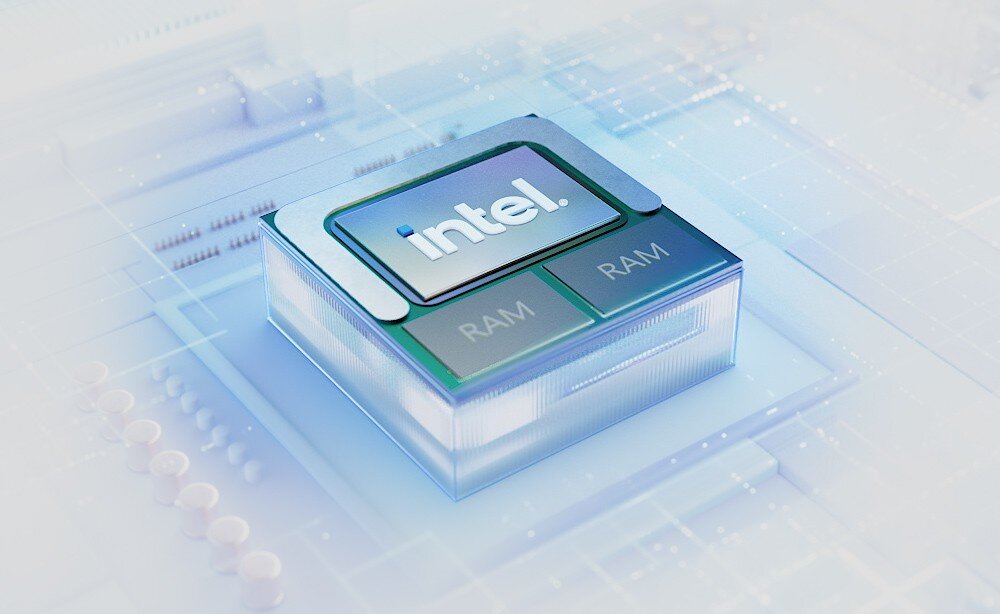 Laptop ASUS ZenBook S 14 UX5406SA-PV030W Grafika przedstawiająca procesor z logo Intel umieszczony na schematycznym tle płyty głównej, podzespoły, procesor, ram