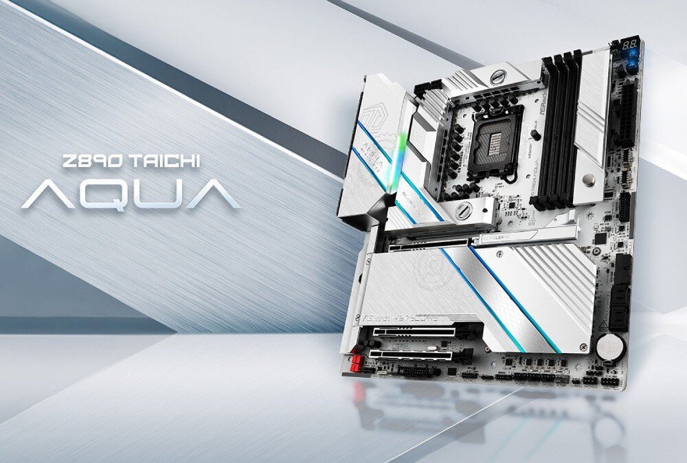 Płyta główna ASROCK Z890 Taichi AQUA Zdjęcie przedstawia płytę główną na jasnym tle z metalicznymi elementami i niebieskimi akcentami, obok widoczny jest napis z nazwą serii produktu, opis