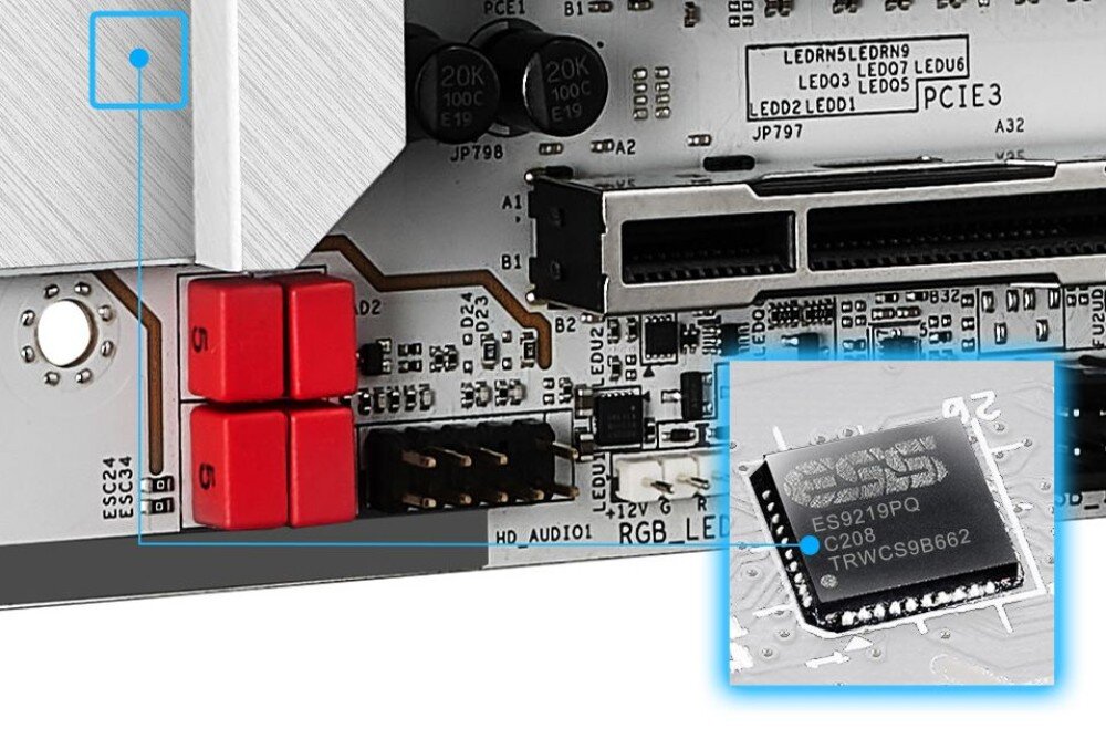 Płyta główna ASROCK Z890 Taichi AQUA Zbliżenie na płytę główną z wyróżnionym układem audio i osobnym powiększeniem chipu oznaczonego jako ES9219PQ, dźwięk, audio