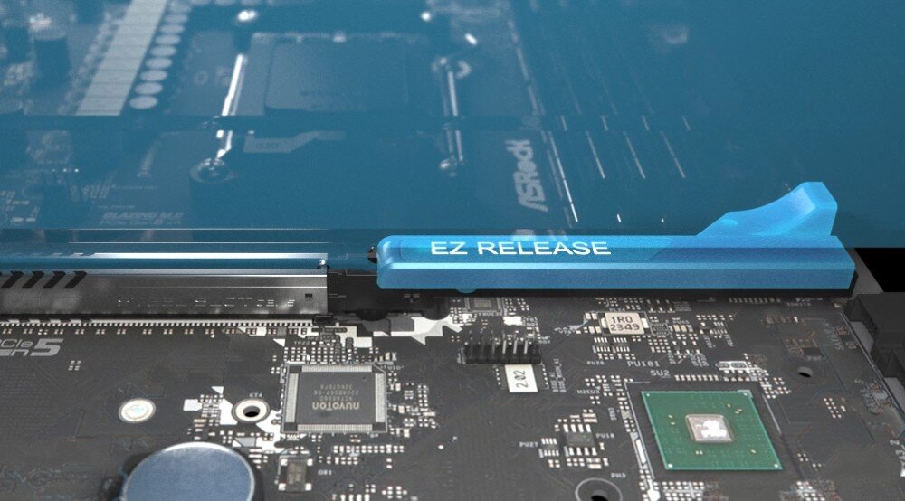 Płyta główna ASROCK Z890 Taichi AQUA Zbliżenie na fragment płyty głównej z niebieskim mechanizmem oznaczonym napisem EZ Release, przeznaczonym do łatwego zwalniania karty graficznej z gniazda PCIe, montaż