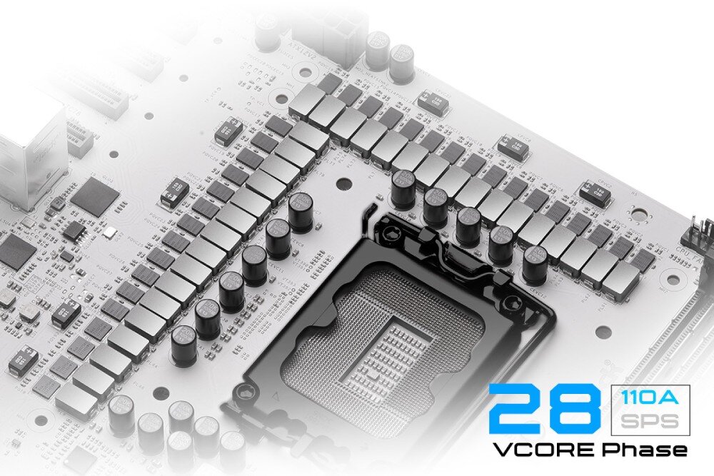 Płyta główna ASROCK Z890 Taichi AQUA Zbliżenie na sekcję zasilania płyty głównej, pokazujące liczne elementy elektroniczne oraz podpis z informacją o liczbie faz zasilania, układ zasilania, monitoring prądu