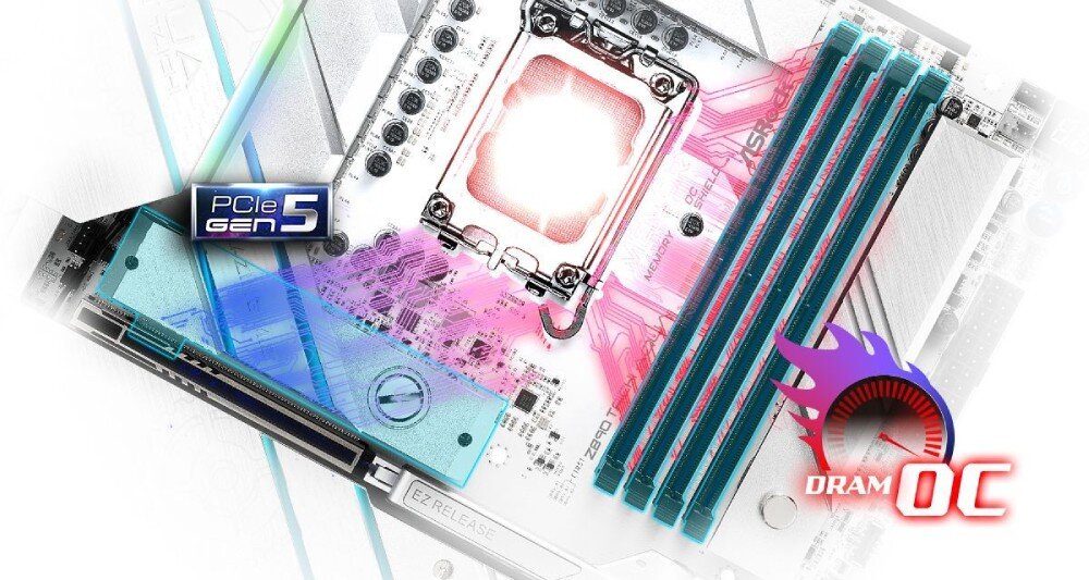 Płyta główna ASROCK Z890 Taichi AQUA Widok płyty głównej z zaznaczonymi na kolorowo ścieżkami i elementami, opisującymi obsługę standardu PCIe Gen5 oraz funkcje podkręcania pamięci RAM, płyta PCB, interfejs PCIe 5.0, profile XMP EXPO