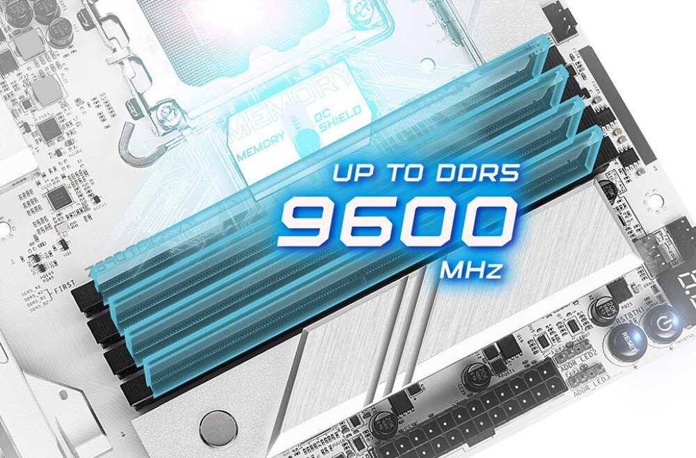 Płyta główna ASROCK Z890 Taichi AQUA Zdjęcie sekcji pamięci RAM na płycie głównej, z podświetlonym napisem informującym o obsłudze pamięci DDR5 do częstotliwości 9600 MHz, pamięć DDR5, tryb dual-channel