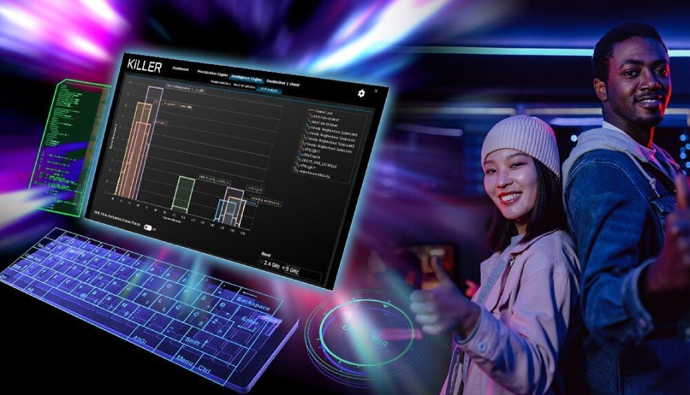 Płyta główna ASROCK Z890 Taichi AQUA Wizualizacja z dwójką osób na kolorowym tle, obok ekran przedstawiający oprogramowanie do zarządzania siecią, prezentujące wykresy sygnału Wi-Fi, łączność, sieć