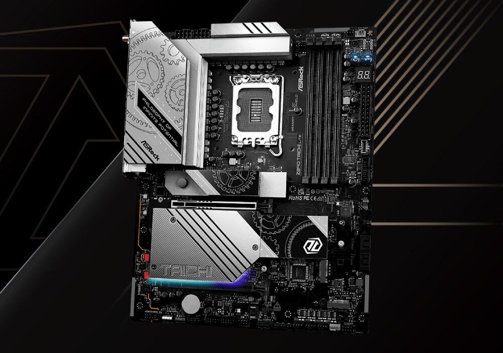 Płyta główna ASROCK Z890 Taichi Lite Płyta główna komputera widoczna w całości na wprost, prezentująca srebrne elementy chłodzące kontrastujące z czarną płytką drukowaną