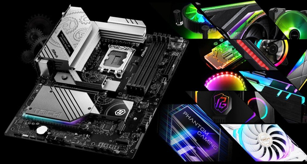 Płyta główna ASROCK Z890 Taichi Lite Kolaż zdjęć ukazujący płytę główną ze srebrnymi elementami po lewej stronie oraz zbliżenia na różnokolorowe, podświetlane wentylatory i komponenty po prawej