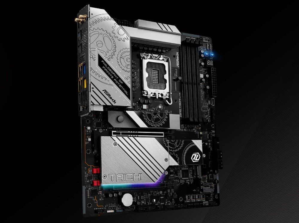 Płyta główna ASROCK Z890 Taichi Lite Płyta główna komputera widoczna pod kątem, charakteryzująca się srebrnymi radiatorami z motywem kół zębatych na czarnym laminacie