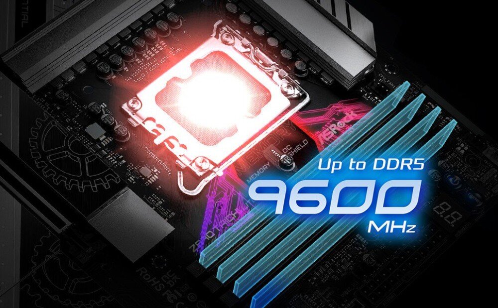 Płyta główna ASROCK Z890 Taichi Lite Zbliżenie na gniazdo procesora na płycie głównej oświetlone czerwoną poświatą, obok którego znajduje się informacja o obsłudze szybkiej pamięci RAM