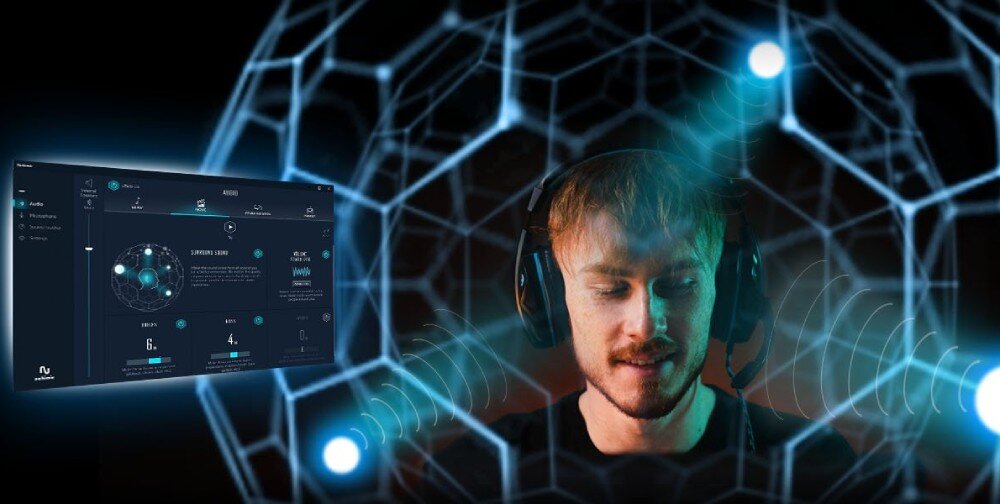 Płyta główna ASROCK Z890 Taichi Lite Mężczyzna w słuchawkach z zamkniętymi oczami otoczony niebieską siatką sferyczną, obok którego widoczny jest panel interfejsu oprogramowania dźwiękowego