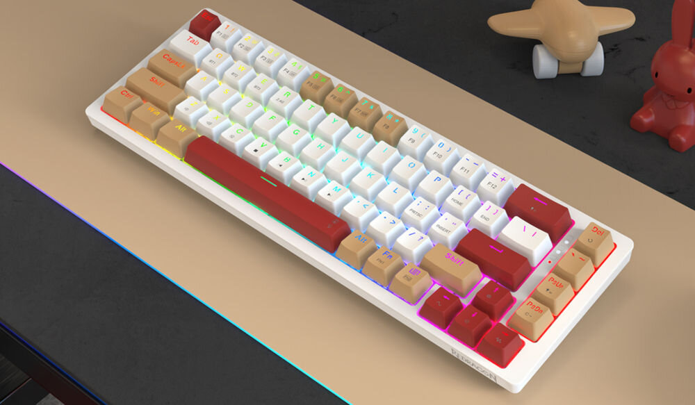 Klawiatura K677WLR-RGB-PRO Rammus
kontrola bez zakłóceń technologie Anti-Ghosting oraz N-Key Rollover, produkt na brązowej, podświetlanej podkładce