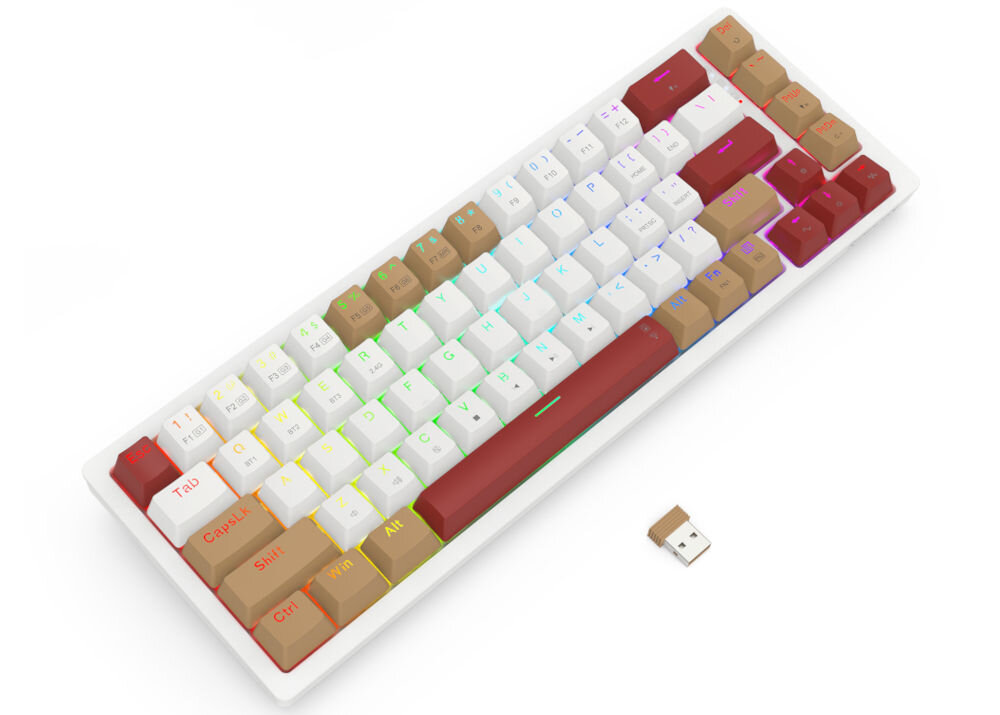 Klawiatura K677WLR-RGB-PRO Rammus
wytrzymałe klawisze PBT wykonane w technologii Double Injection PBT, kolorowe keycapy,
produkt na białym tle