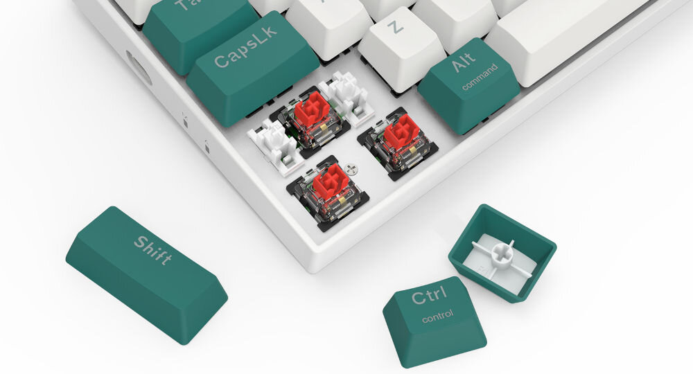 Klawiatura K678WG-RGB-PRO Singed komfort pisania i grania,
fabrycznie smarowanym, liniowym przełącznikom mechanicznym Redragon Red, płynne działanie, szybka odpowiedź
na każde naciśnięcie klawisza, produkt na białym tle z trzema wyciągniętymi nakładkami klawiszy,
widoczne przełączniki