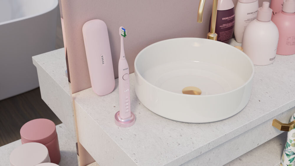 Szczoteczka soniczna TESLA TS400 Różowy długi czas pracy pełne naładowanie około 24 godzin do 180 dni użytkowania bezprzewodowa baza ładująca wodoodporność IPX7 ergonomiczny kształt szczoteczki wygodne trzymanie etui podróżne do użytku domowego podczas podróży
