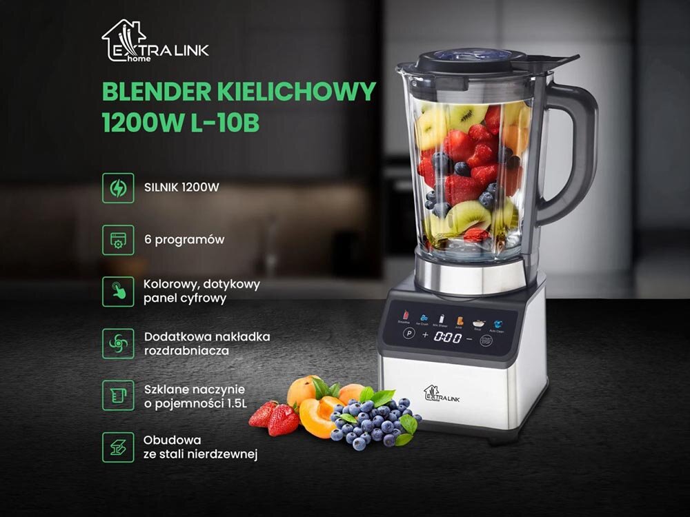 Blender kielichowy EXTRALINK L-10B 1200W Dotykowy ekran 6 programów kruszenie lodu dzbanek 1.5L kv początek opisu