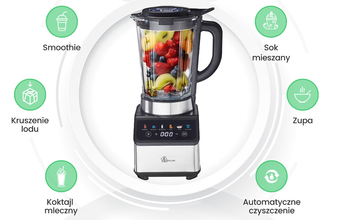 Blender kielichowy EXTRALINK L-10B dla Twojej wygody dotykowy kolorowy panel cyfrowy sterowanie wybór 6 programów smoothie zupa kruszenie lodu Regulacja prędkości funkcja pulsacyjna timer Automatyczne czyszczenie