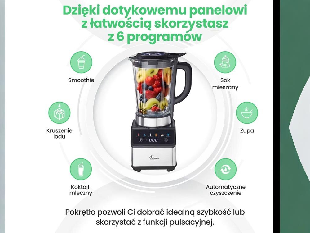 Blender kielichowy EXTRALINK L-10B 1200W Dotykowy ekran 6 programów kruszenie lodu dzbanek 1.5L 6 zaprogramowanych funkcji, bez grudek, krótszy czas pzygotowania posiłków