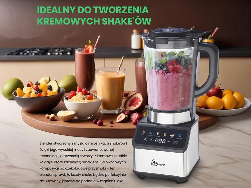 Blender kielichowy EXTRALINK L-10B 1200W Dotykowy ekran 6 programów kruszenie lodu dzbanek 1.5L wydajny mechanizm noży, do twardyc produktów, orzeźwiające napoje