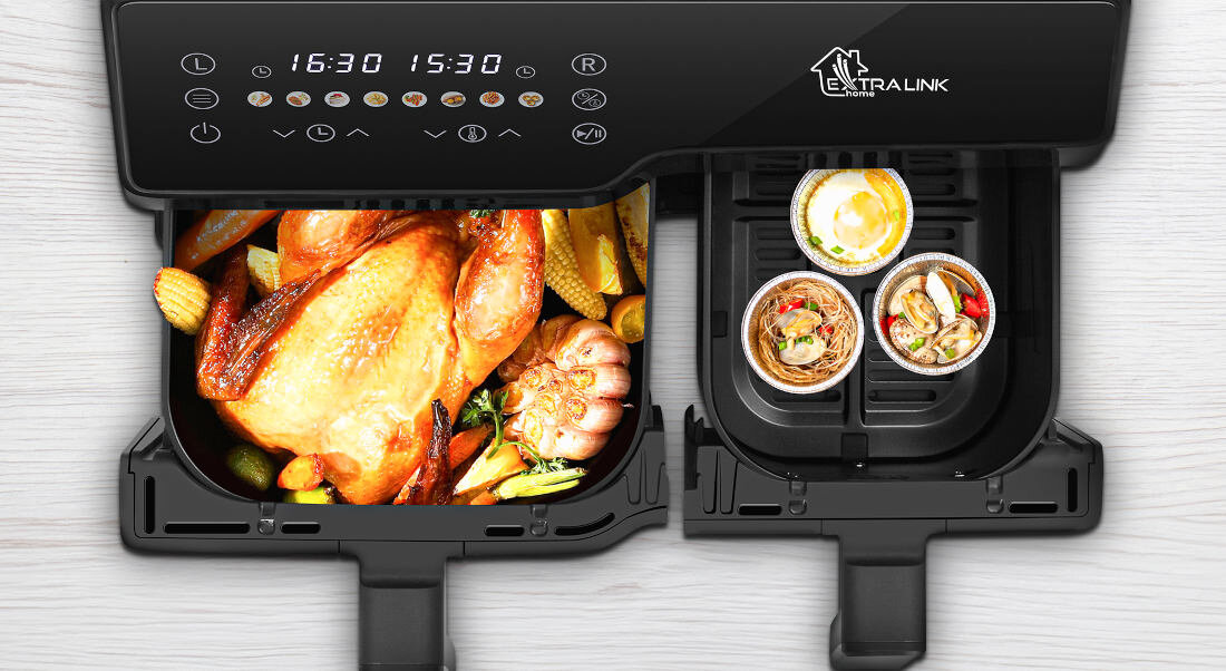 Frytkownica beztłuszczowa EXTRALINK SJ-1000 Air Fryer Podwójna komora pojemność potrawy frytki kurczak ryba warzywa dopasowanie potrzeby