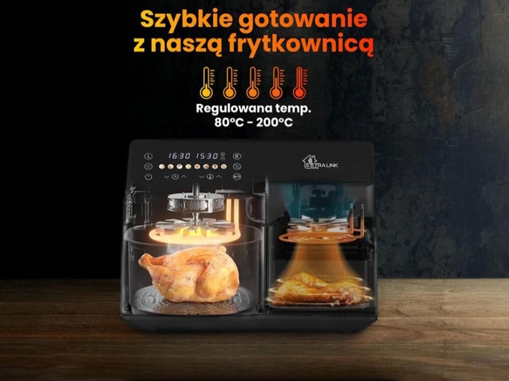 Air Fryer Frytkownica beztłuszczowa EXTRALINK SJ-1000 dwa niezależne kosze, dwie różne potrawy, bez mieszania smaków i zapachów, oszczędność czasu i swoboda