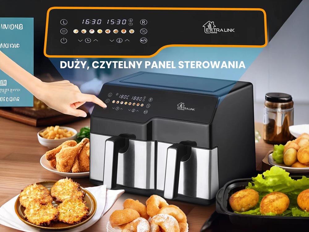 Air Fryer Frytkownica beztłuszczowa EXTRALINK SJ-1000 intuicyjny panel sterowania, niezależne ustawienie czasu i temperatury, system automatycznego wyłączania, bezpieczne użytkowanie