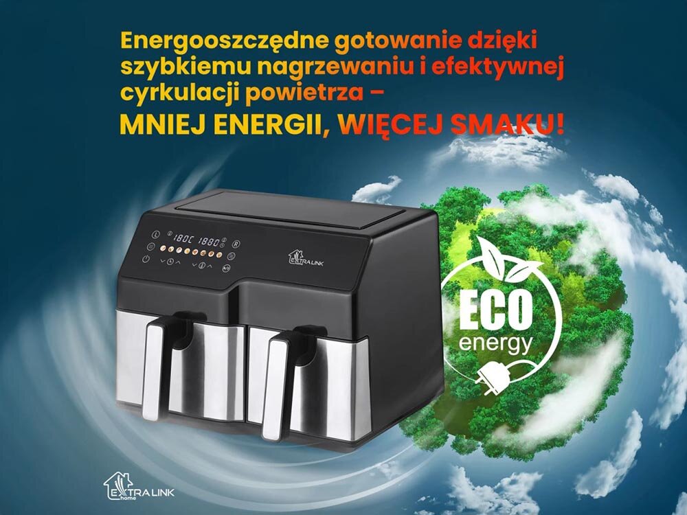 Air Fryer Frytkownica beztłuszczowa EXTRALINK SJ-1000 domowe dania z mniejszą ilością tłuszczu, dwie niezależne komory, szybciej i zdrowiej, sprawniejsze codzienne gotowanie