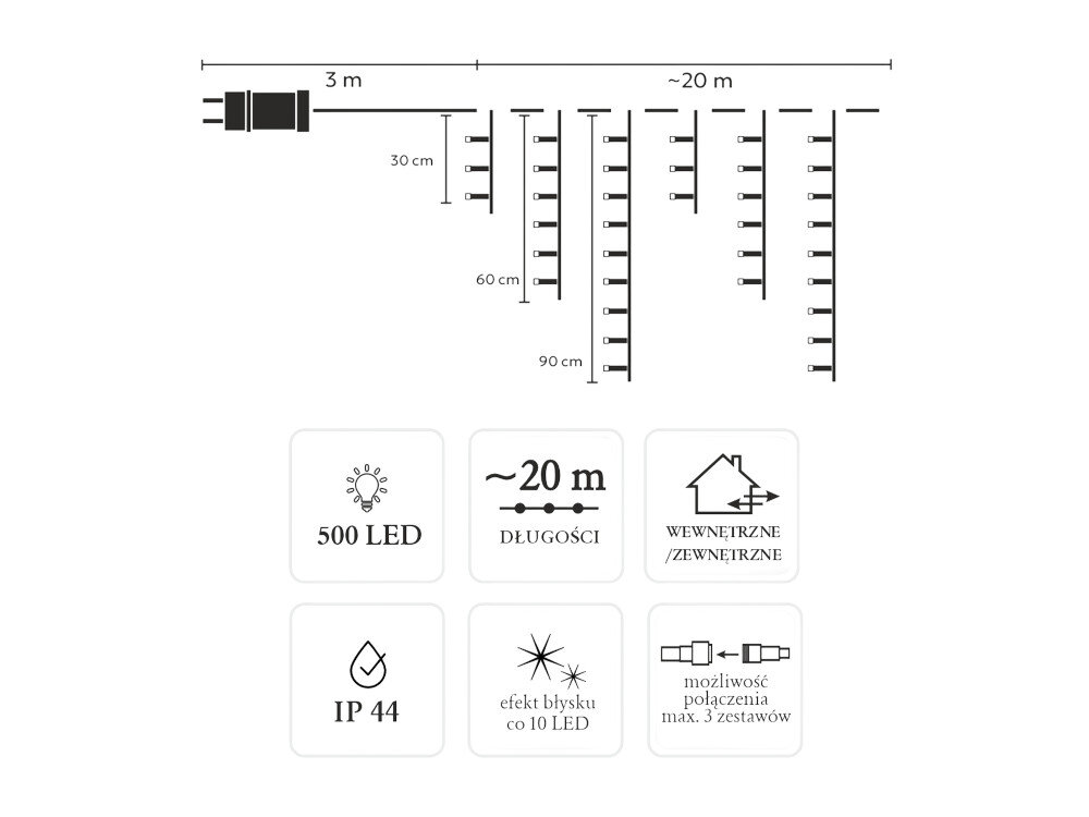 Kurtyna dekoracyjna EXTRALINK 9898 500 LED Sieciowe 20 m Biały, dekoracja, powierzchnia, fasada, przewód, na białym tle logotypy zalet kurtyny oraz wymiary kurtyny