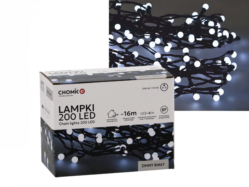 Lampki choinkowe LED EXTRALINK Kulki LED0153 16 m Sieciowe, transformator, wtórne, łańcuchy, rozbudowa, na białym tle opakowanie fabryczne oraz lampki podłączone do zasilania