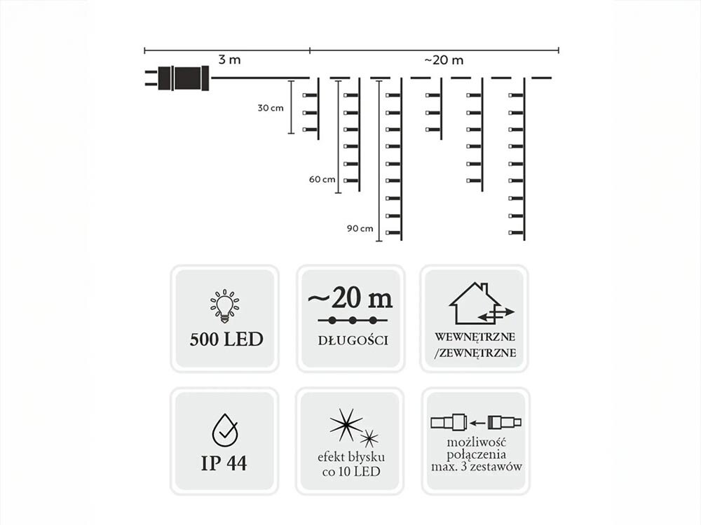 Kurtyna dekoracyjna EXTRALINK 9881 500 LED Sieciowe 20 m Biały, dekoracja, powierzchnia, fasada, przewód, na białym tle logotypy zalet kurtyny oraz wymiary kurtyny