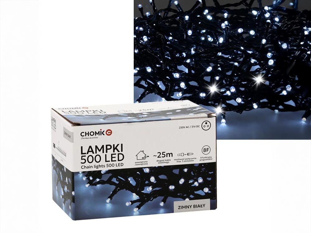Lampki choinkowe LED EXTRALINK EX.73288 25 m Sieciowe, światło, dekoracja, LED, choinka, na białym tle opakowanie wraz z rozpakowanymi lampkami LED