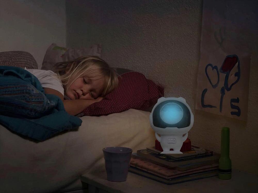 Projektor LED EXTRALINK BN-1223, pilot, zdalne, zmiana, wygoda, dziecko śpi w pokoju, na stoliku nocnym projektor