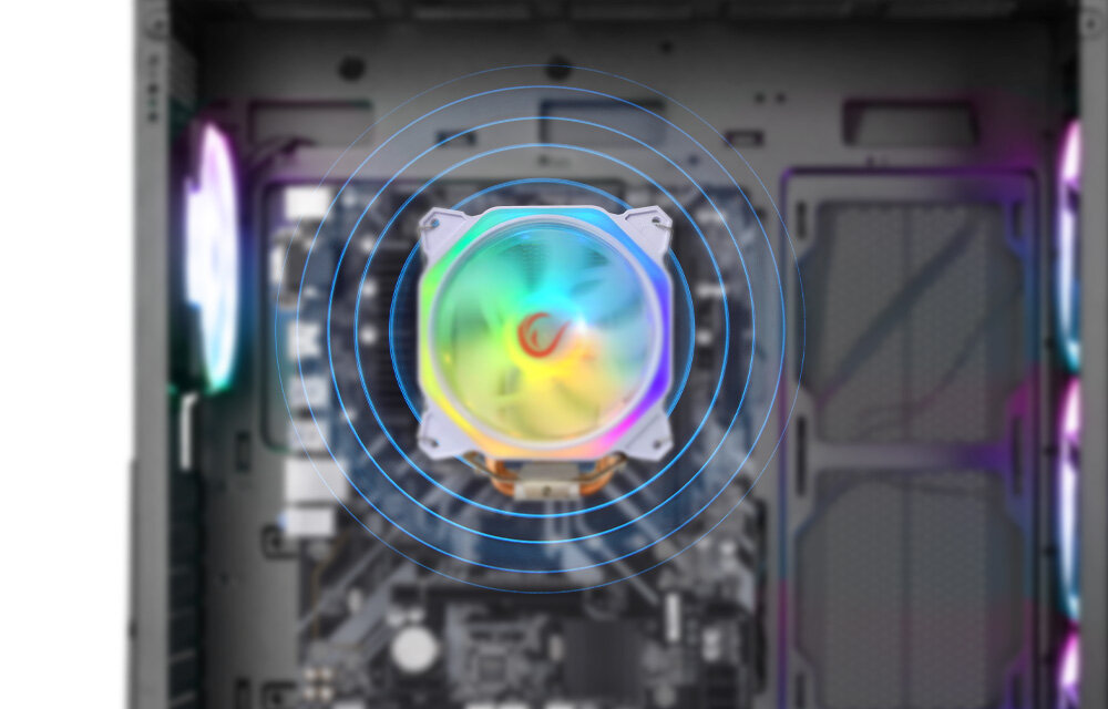 RAMPAGE Octagon C50 Chłodzenie procesora LGA 1700/AM5 1800RPM wentylator 120mm ARGB ciche działanie 25-29 dB komfort pracy i rozrywki niski poziom generowanego dźwięku do biura do intensywnych sesji gamingowych stabilnośc pracy procesora komfort akustyczny do różnych zastosowań