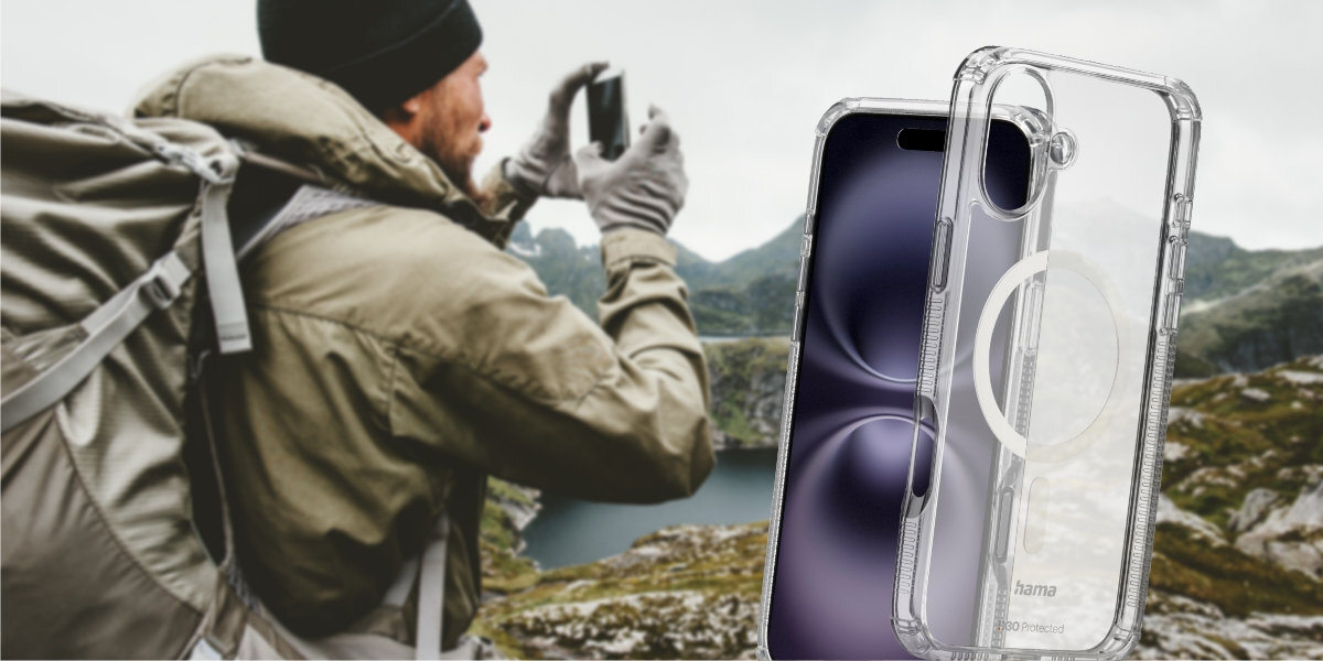 HAMA Extreme Protect MagCase etui na telefonie, w tle mężczyzna robiący zdjęcie