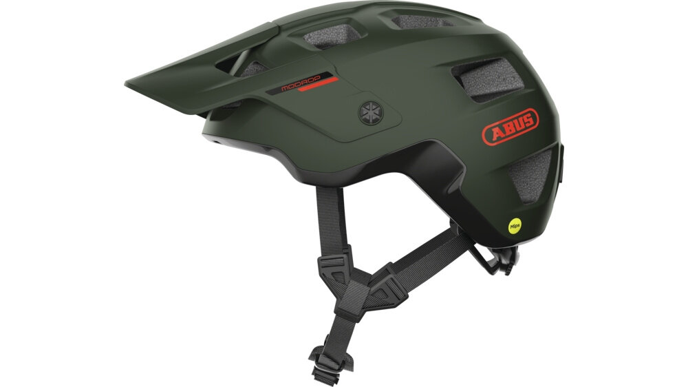 Kask rowerowy ABUS Modrop Pine Zielony (rozmiar M, 54-58 cm) MIPS kask na białym tle widoczny z boku dla dorosłych rozmiar M 54–58 cm konstrukcja In-Mold warstwa EPS norma EN 1078:2012+A1:2012