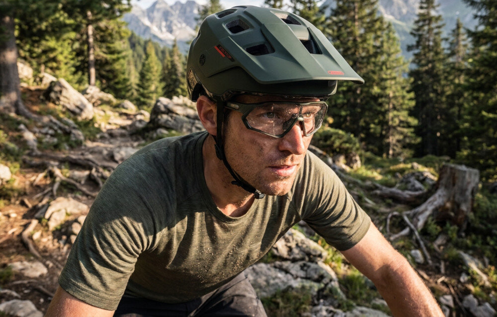 Kask rowerowy ABUS Modrop Pine Zielony (rozmiar M, 54-58 cm) MIPS osoba w kasku na trasie górskiej warstwa MIPS pomiędzy wyściółką a skorupą pochłaniającą energię ruchoma konstrukcja z tworzywa o niskim współczynniku tarcia materiałem EPS konstrukcją In-Mold ochronę głowy