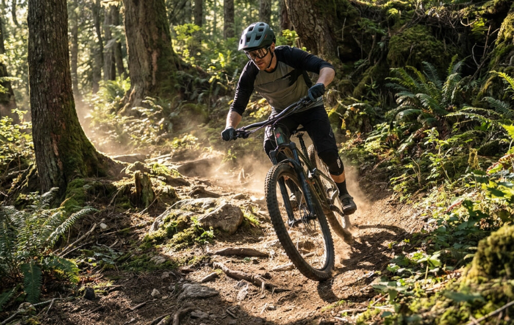 Kask rowerowy ABUS Modrop Pine Zielony (rozmiar M, 54-58 cm) MIPS osoba w kasku jedzie na rowerze na trasie górskiej zewnętrzna powłoka z poliwęglanu Odblaskowa naklejka około 370 g zielone wykończenie estetyczny wygląd przez długi czas