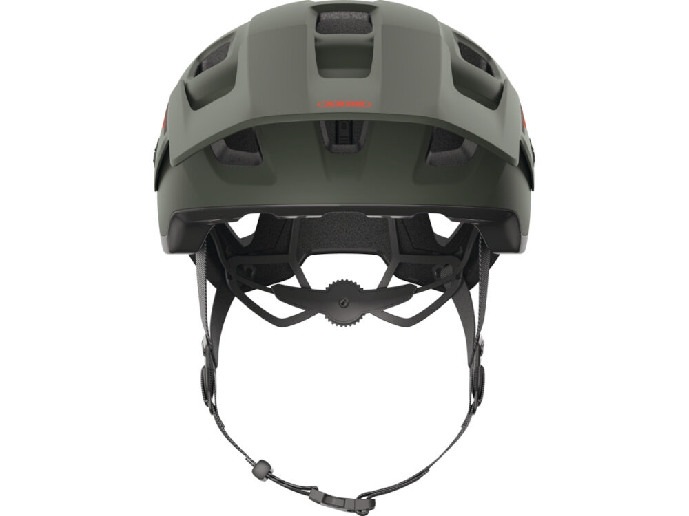 Kask rowerowy ABUS Modrop Pine Zielony (rozmiar M, 54-58 cm) MIPS kask na białym tle widoczny od przodu System regulacji Zoom™ Spin obrotowe pokrętło umieszczone z tyłu głowy 54–58 cm Trivider™ płaski rozdzielacz pasków ze stałym pozycjonowaniem Klasyczne zapięcie na zatrzask z połączeniem trzech bolców