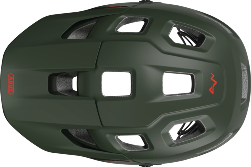 Kask rowerowy ABUS Modrop Pine Zielony (rozmiar M, 54-58 cm) MIPS kask na białym tle widoczny zgóry 6 wlotów 8 wylotów powietrza przemyślany obieg powietrza cyrkulację podczas jazdy