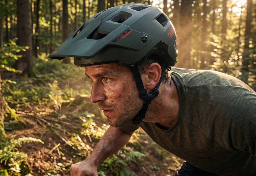 Kask rowerowy ABUS Modrop Pine Zielony (rozmiar M, 54-58 cm) MIPS osoba w kasku na górskiej drodze daszek z regulacją wysokości ograniczając wpływ światła słonecznego chroniąc głowę