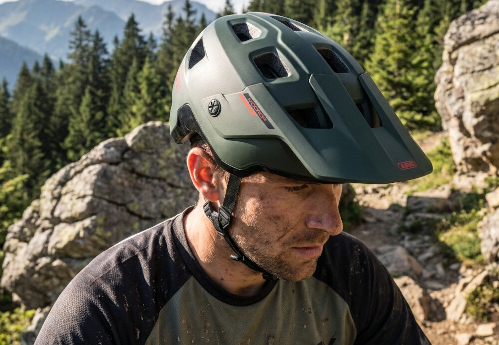 Kask rowerowy ABUS Modrop Pine Zielony (rozmiar M, 54-58 cm) MIPS osoba w kasku na górskim szlaku miękkie poduszki rzepów wyprać ręcznie wkładki można wymienić